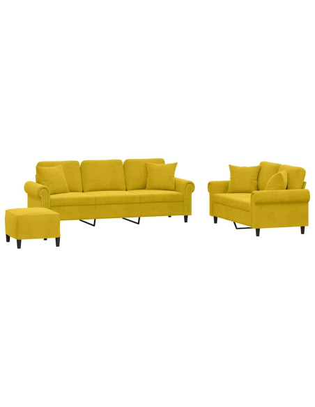 Set di Divani 3 pz con Cuscini Giallo in Velluto