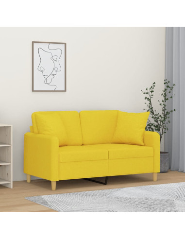 Divano a 2 Posti con Cuscini Giallo Chiaro 120 cm in Tessuto