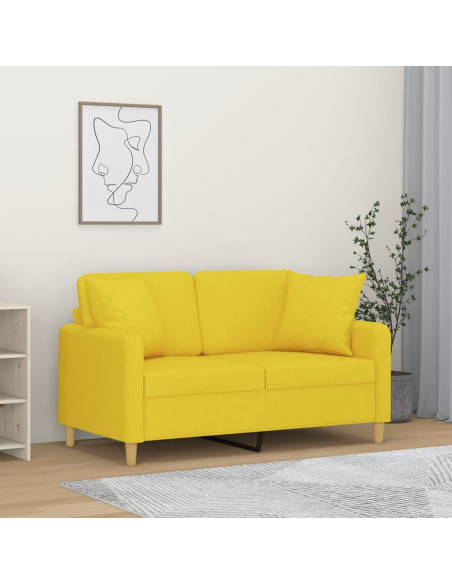Divano a 2 Posti con Cuscini Giallo Chiaro 120 cm in Tessuto