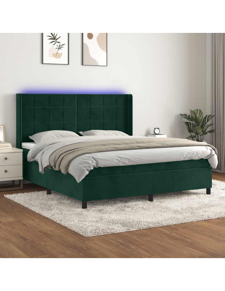 Letto a Molle con Materasso e LED Verde Scuro 180x200cm Velluto