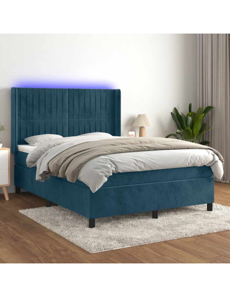 Letto a Molle con Materasso e LED Blu Scuro 140x190 cm