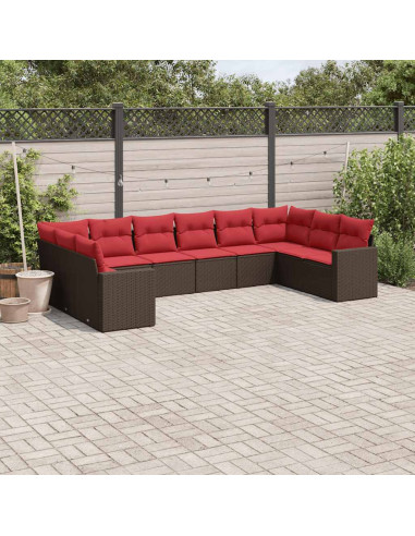 Set Divani da Giardino 10pz con Cuscini in Polyrattan Marrone