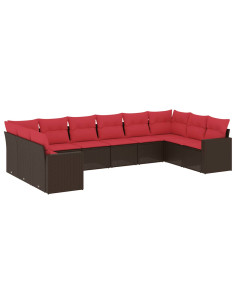 Set Divani da Giardino 10pz con Cuscini in Polyrattan Marrone 2