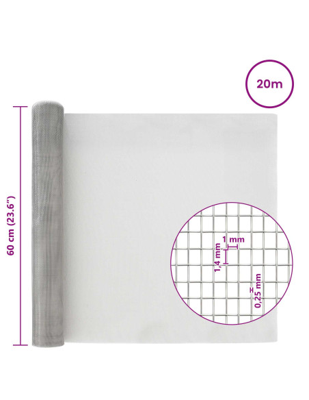 Rete per schermatura 60 x 2000 cm 18 Mesh Argento